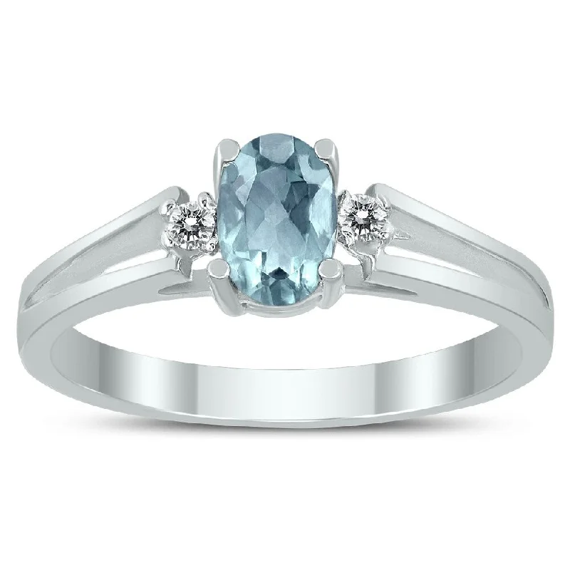 silver stackable rings -6X4MM Aquamarine and Diamond Open Three Stone Ring in 10K White Gold