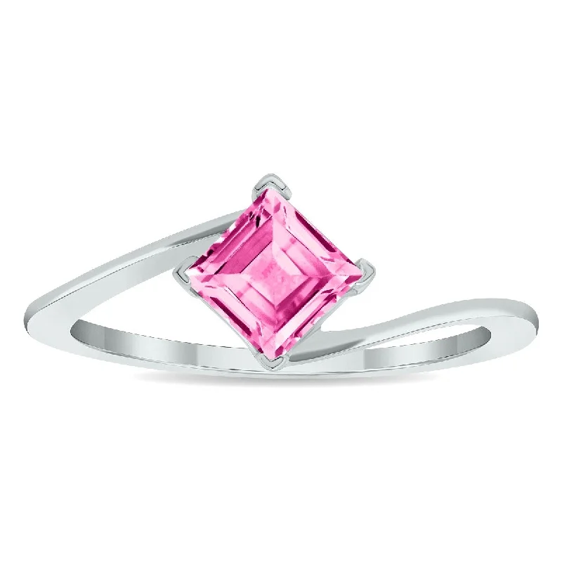 emerald rings for women -Women's Solitaire Pink Topaz Wave Ring in 10K White Gold