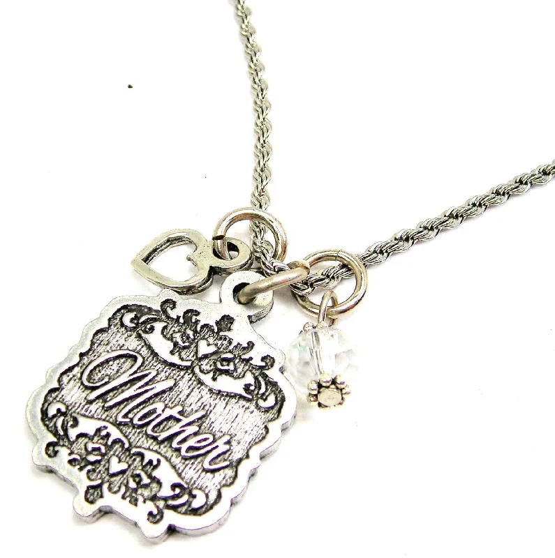 adjustable necklaces for women -Mother Victorian Scroll With With Open Heart And Crystal 20" Stainless Steel Rope Necklace