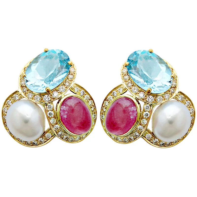 chunky earrings for women -Earrings - Rubellite, Blue Topaz, South Sea Pearl and Diamond