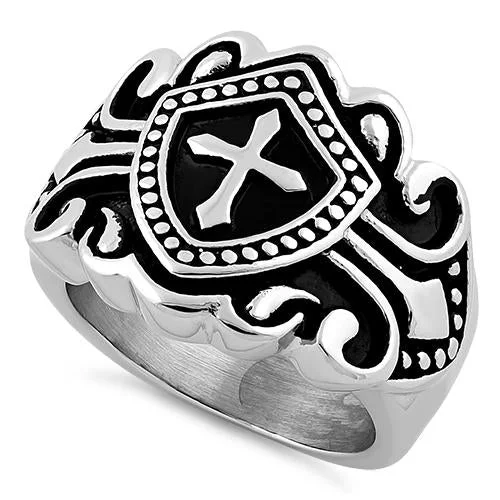 unique rings for women -Stainless Steel Cross Crest Shield Ring