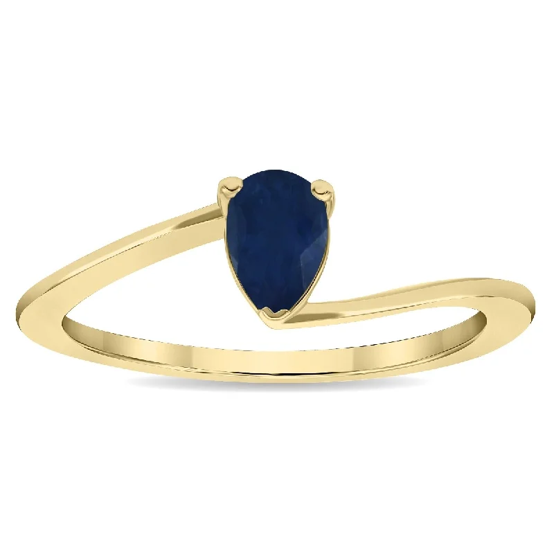 statement rings for women -Women's Solitaire Pear Shaped Sapphire Wave Ring in 10K Yellow Gold