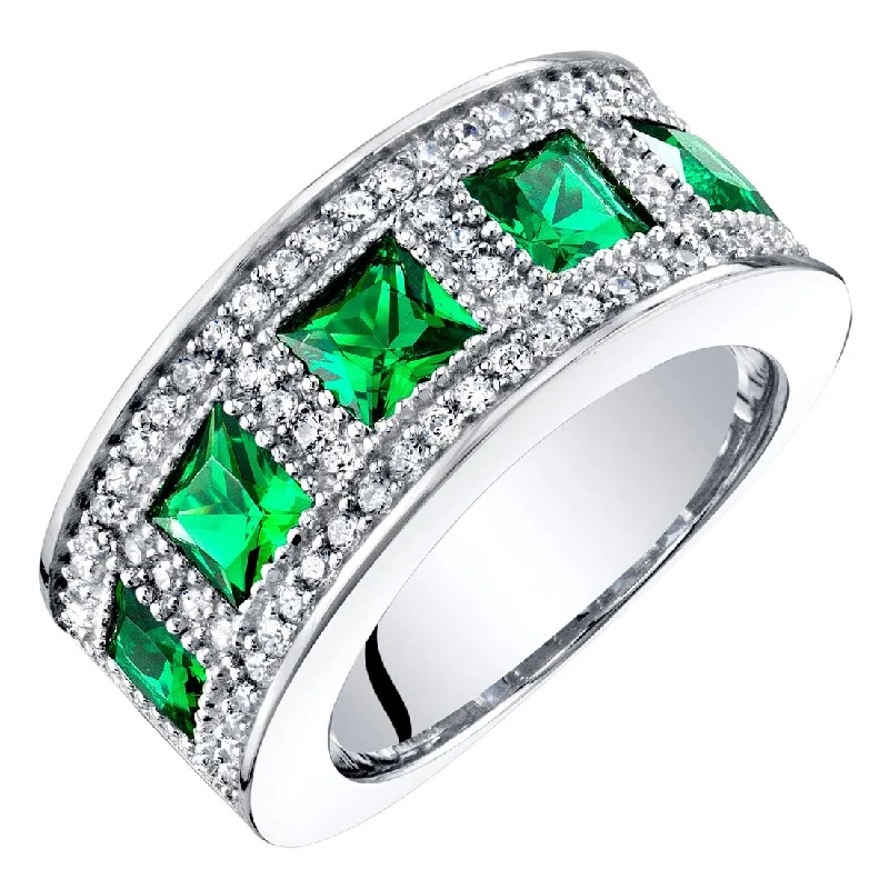 vintage diamond rings -Sterling Silver 2 ct Created Emerald Birthstone Ring