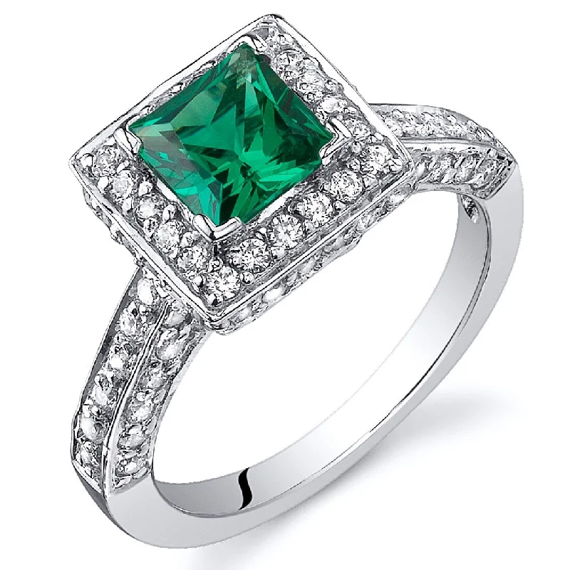 wedding bands with diamonds -Sterling Silver 0.75 ct Created Emerald Halo Ring