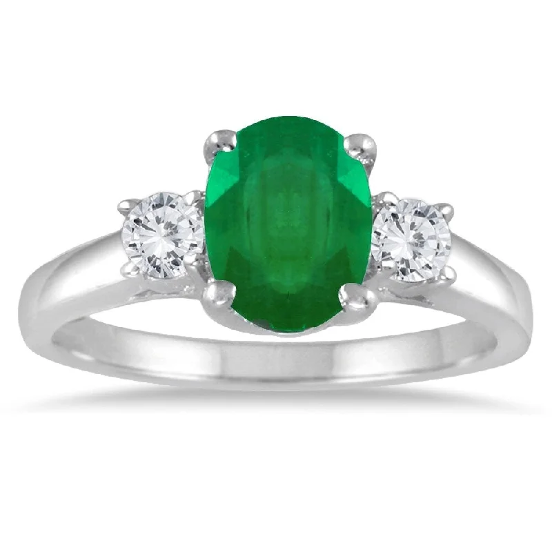 thin engagement rings -1.35 Carat Emerald and Diamond Three Stone Ring in 14K White Gold