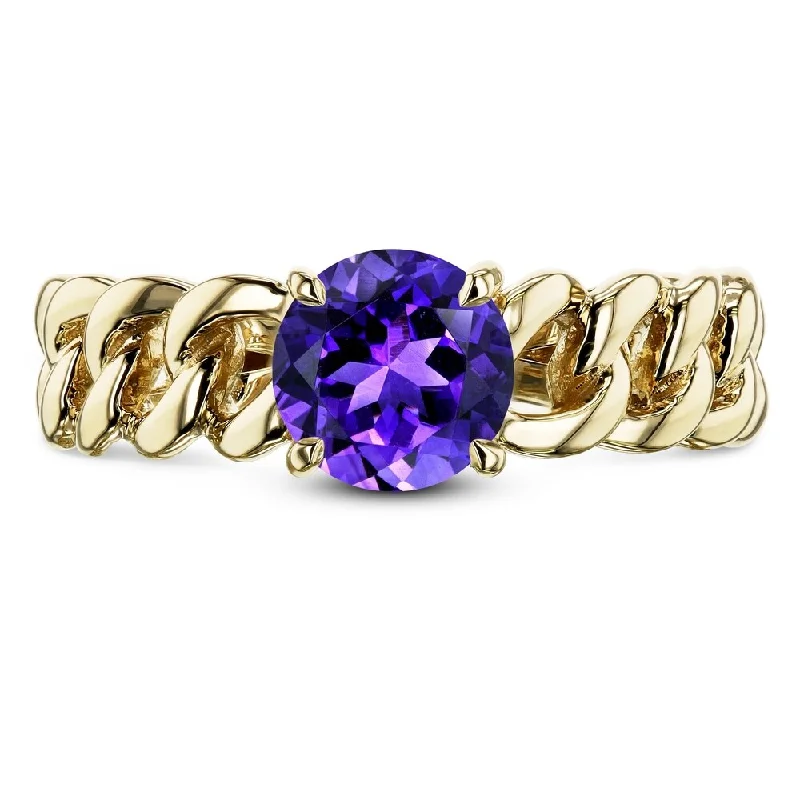 vintage engagement rings -Annello by Kobelli 14k Yellow Gold Round Amethyst Solitaire Chain Link Ring