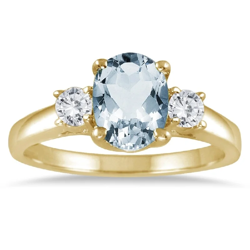 minimalist rings for women -Aquamarine and Diamond Three Stone Ring 14K Yellow Gold