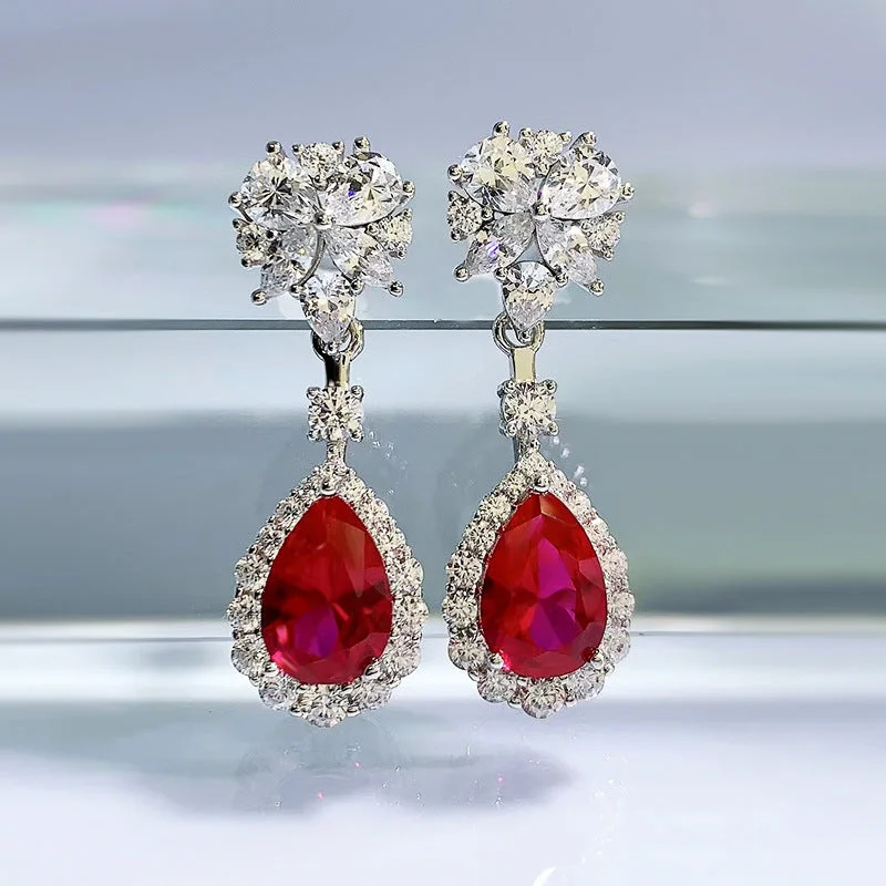 moonstone earrings for women -Luxury Ruby Stone Sterling Silver Drop Earrings