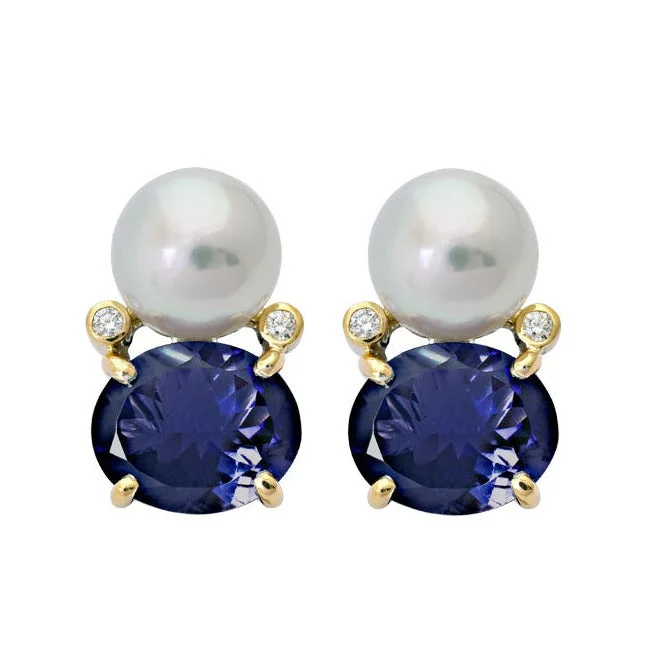 diamond stud earrings for women -Earrings- Iolite, South Sea Pearl and Diamond