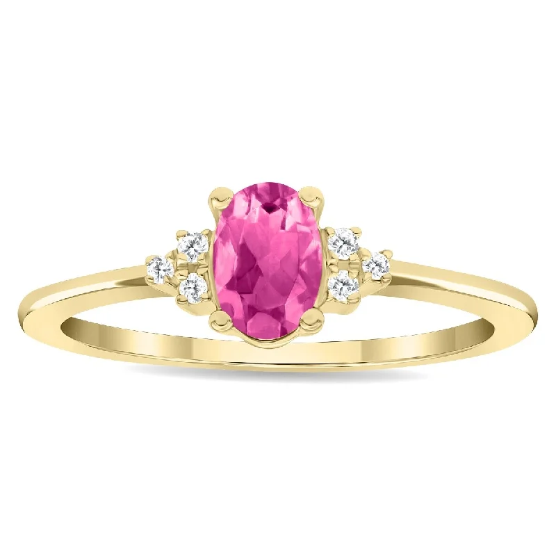 custom wedding rings -Women's Oval Shaped Pink Topaz and Diamond Half Moon Ring in 10K Yellow Gold