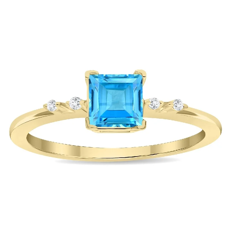 statement wedding rings for women -Women's Square Shaped Blue Topaz and Diamond Sparkle Ring in 10K Yellow Gold