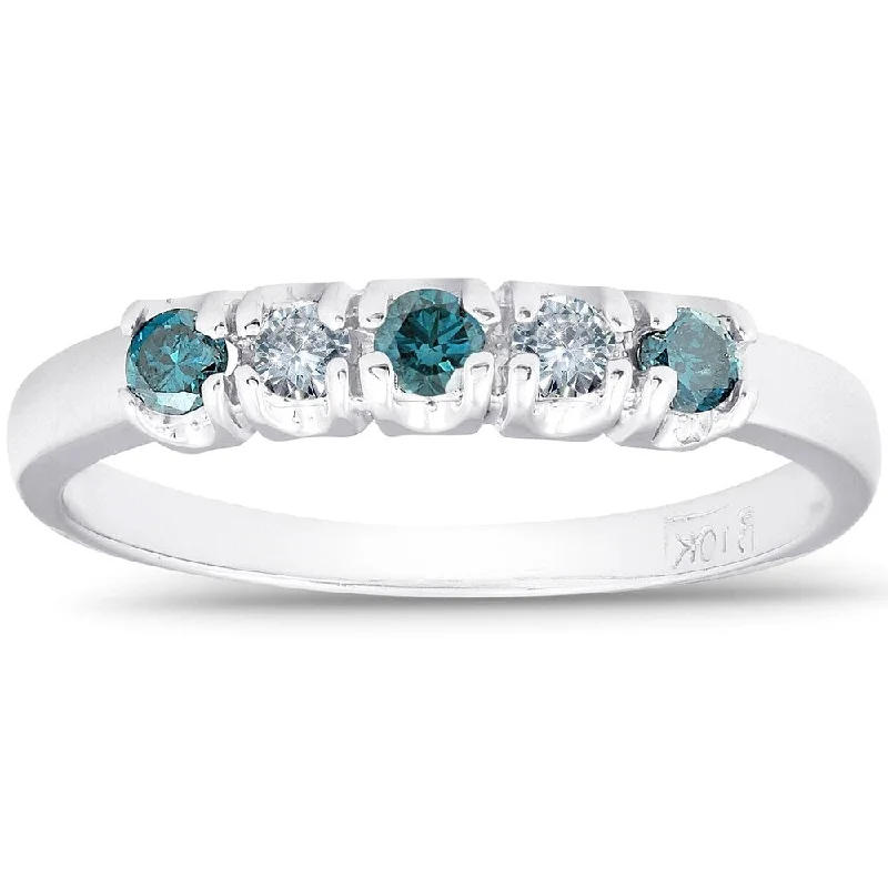 trendy rings for women -1/4ct Treated Blue & White Diamond 5-Stone Wedding Womens Ring 10K White Gold