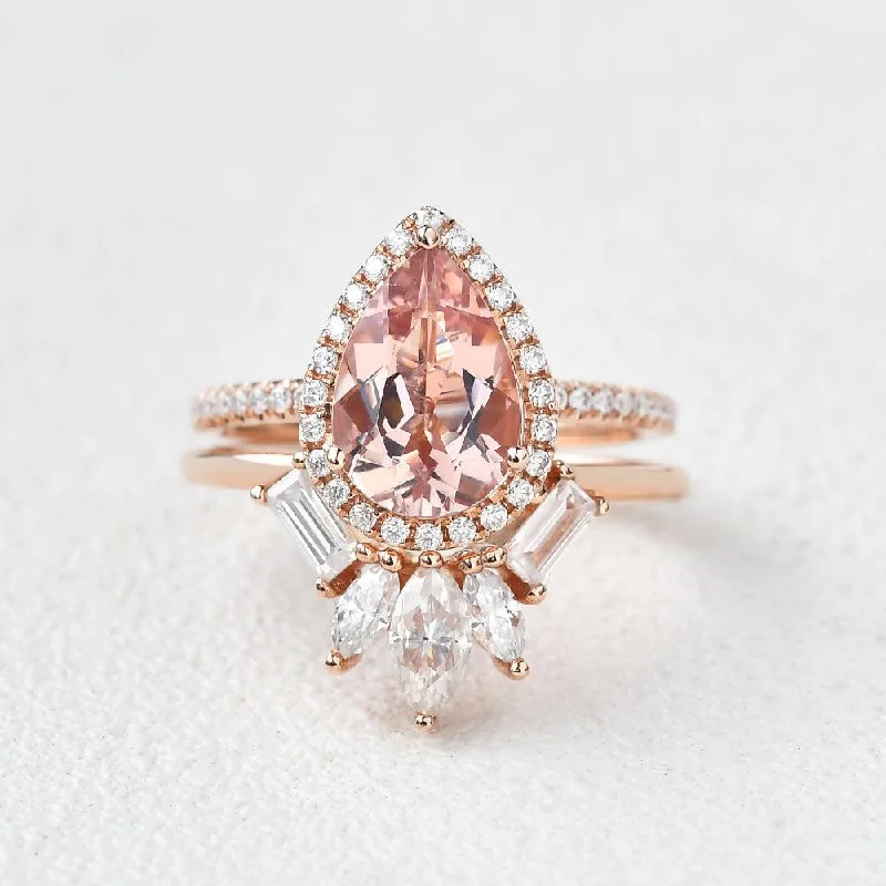 crystal necklaces for women -Felicegals Pear Shaped Peachy Morganite Vintage Ring Set 2pcs