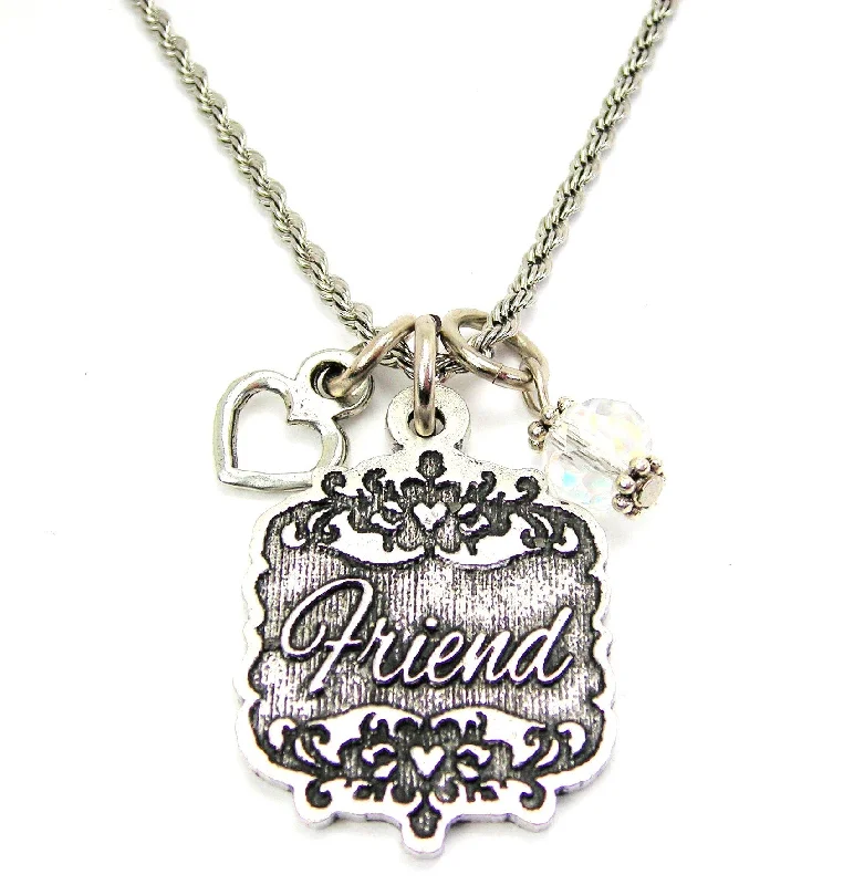 butterfly necklaces for women -Friend Victorian Scroll With With Open Heart And Crystal 20" Stainless Steel Rope Necklace