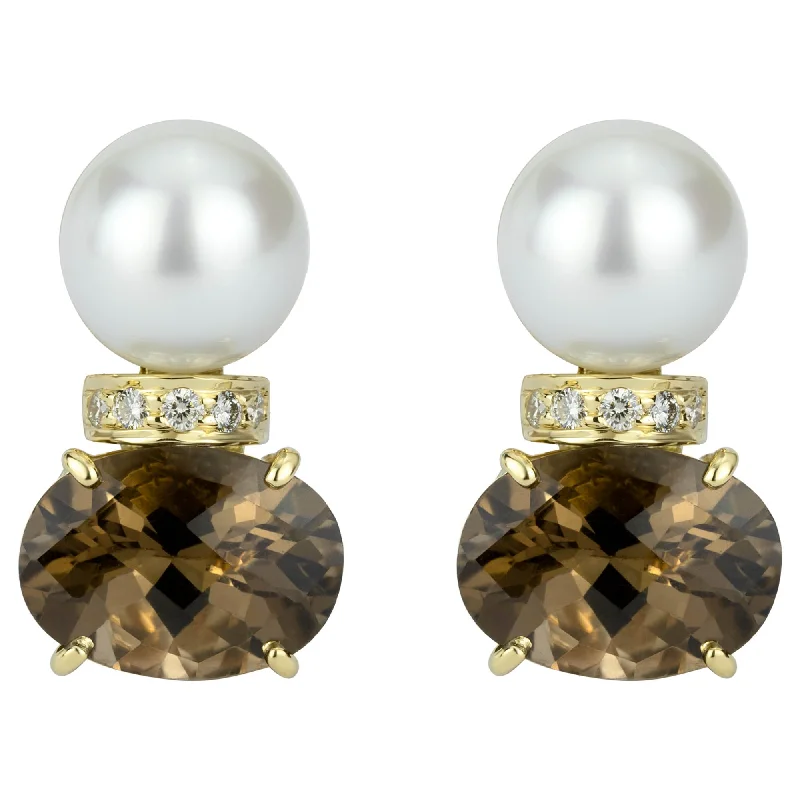 crystal earrings for women -Earrings - South Sea Pearl, Smoky Quartz And Diamond