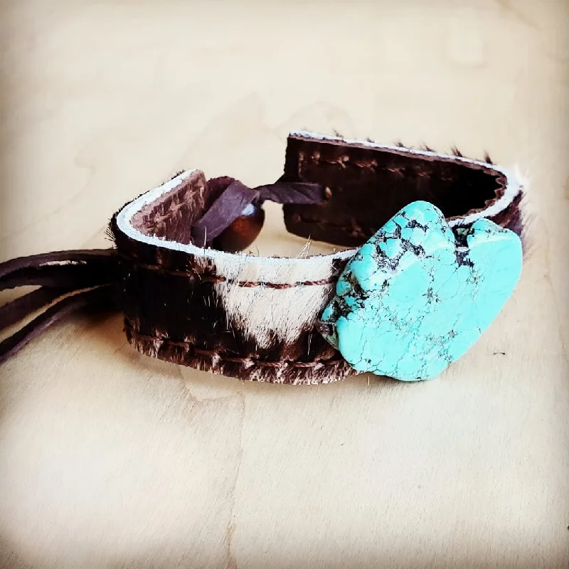 sleek bangles for women -Leather Cuff w/ Turquoise & Brindle