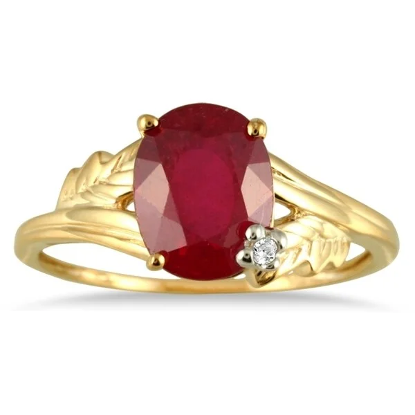 gold wedding bands for women -2.50 Carat Oval Ruby and Diamond leaf Ring in 10K Yellow Gold