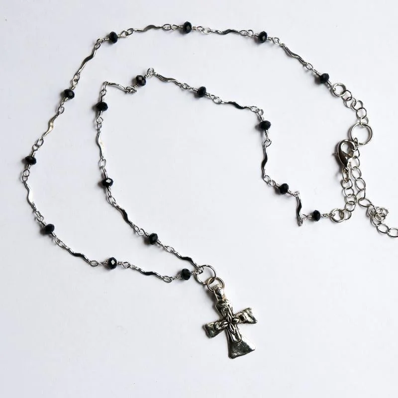 zodiac necklaces for women -Black Rosary Cross Necklace