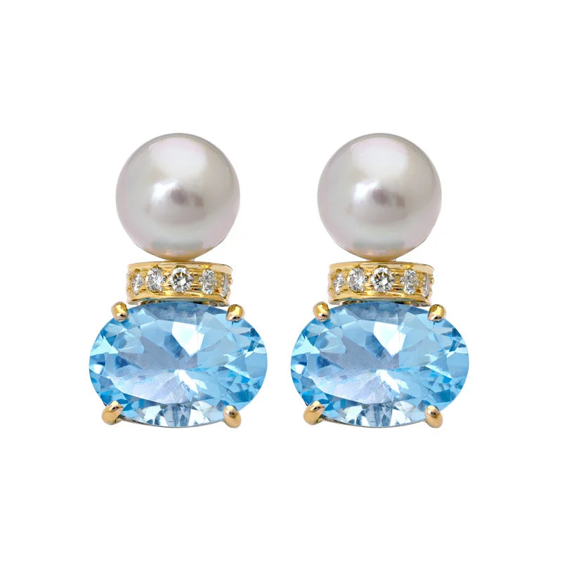 clip-on earrings for women -Earrings- Blue Topaz, South Sea Pearl and Diamond