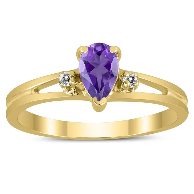 heart diamond rings for women -6X4MM Amethyst and Diamond Pear Shaped Open Three Stone Ring in 10K Yellow Gold