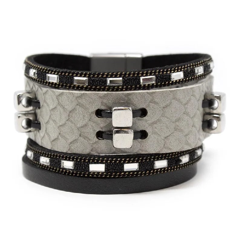 trendy bracelets for women -Leather Four Row Lizard Print Beaded Cuff Grey