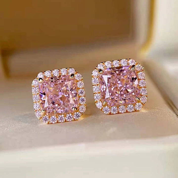 antique earrings for women -Pink Radiant Cut Rose Golden Plated Stud Earrings