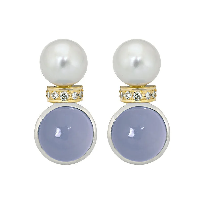 pearl stud earrings -Earrings- Chalcedony, South Sea Pearl and Diamond