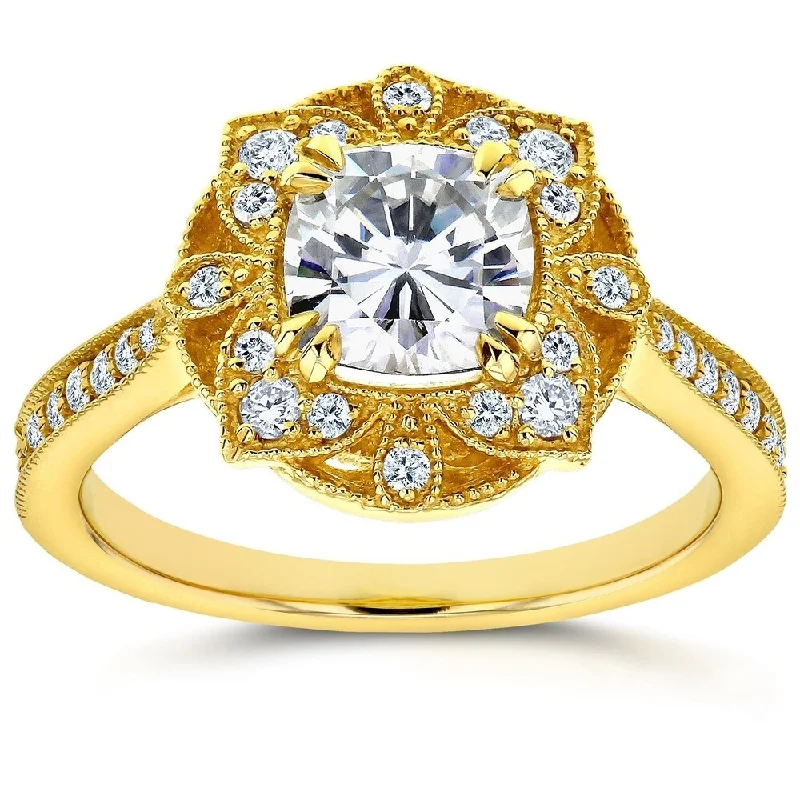 promise rings for women -Annello by Kobelli 14k Yellow Gold 1 1/3ct TGW Cushion Moissanite and Diamond Floral Antique Ring