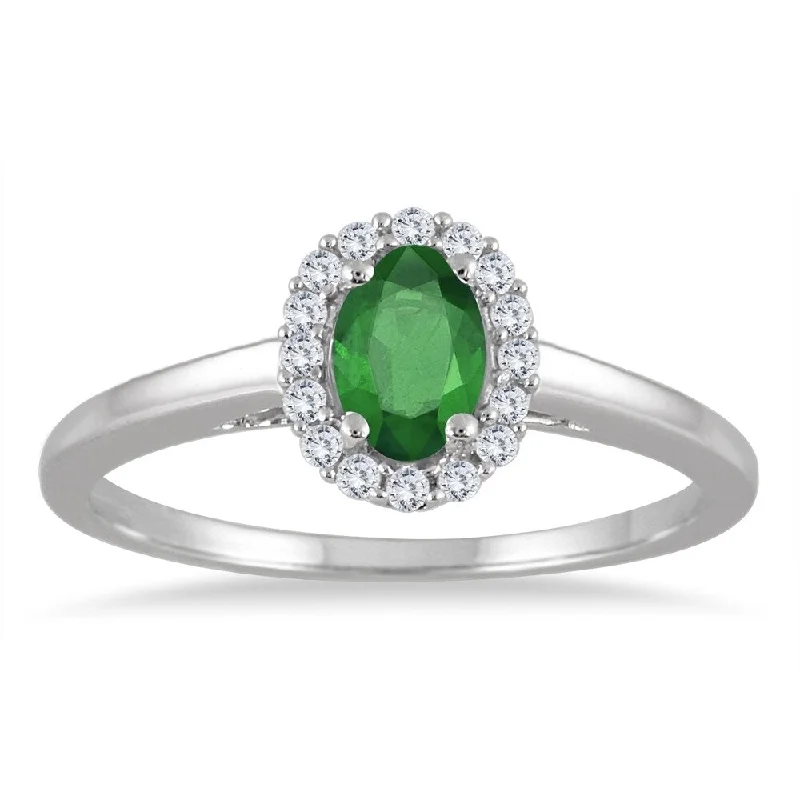 engraved rings for women -6x4MM Oval Shape Emerald and Diamond Halo Ring in 10K White Gold