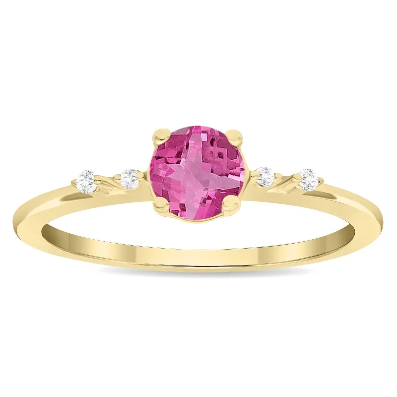 promise rings with birthstones -Women's Round Shaped Pink Topaz and Diamond Sparkle Ring in 10K Yellow Gold