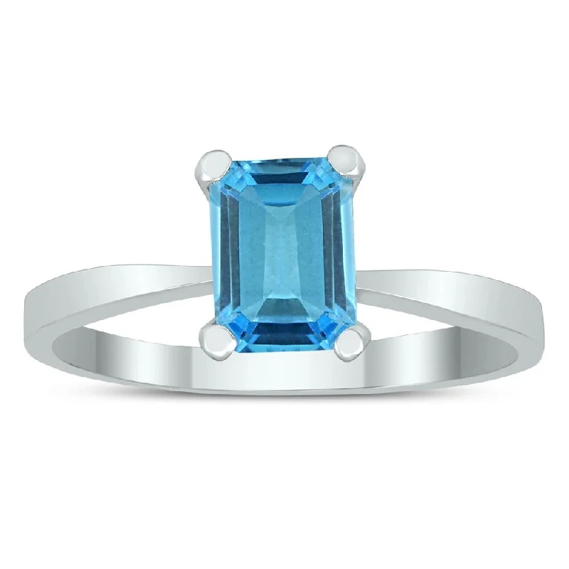 gold plated rings for women -Emerald Shaped 7X5MM Blue Topaz Solitaire Ring in 10K White Gold