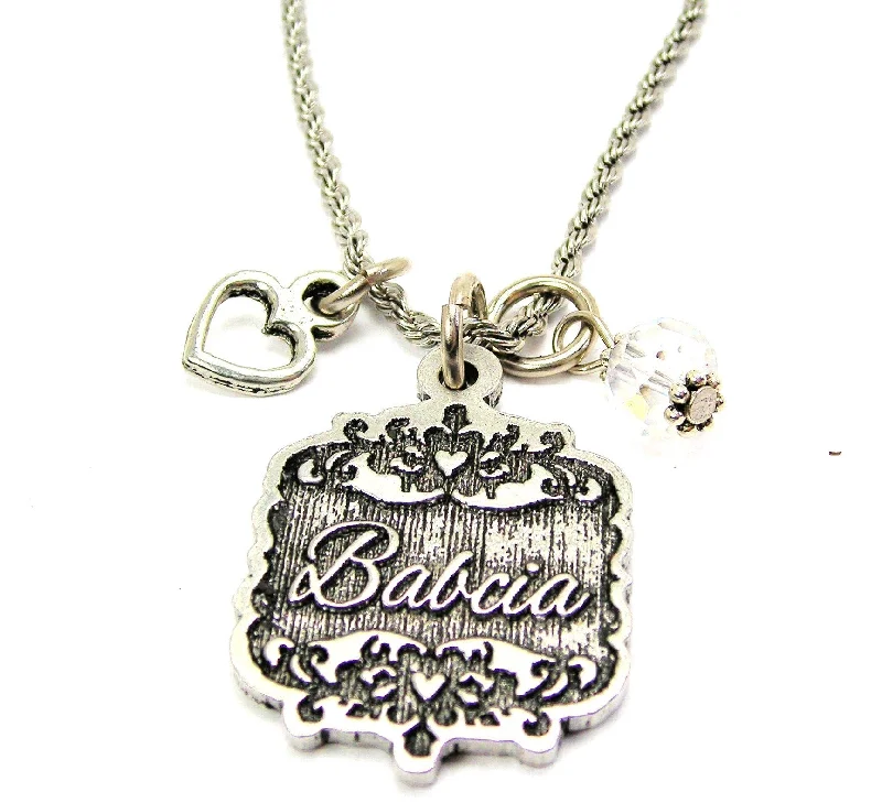 charm necklaces for women -Babcia Victorian Scroll With Open Heart And Crystal 20" Stainless Steel Rope Necklace