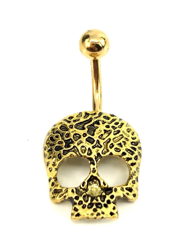 vintage rings for women -Stainless steel curve bar skull belly ring, SKU# NBR003-1