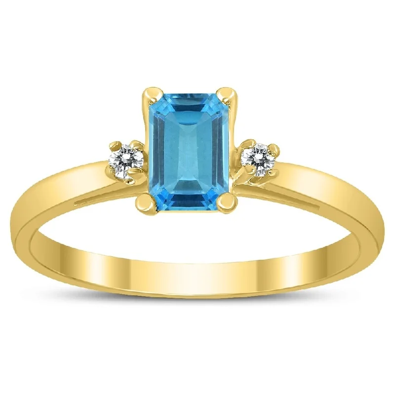 anniversary rings with diamonds -Emerald Cut 6X4MM Blue Topaz and Diamond Three Stone Ring in 10K Yellow Gold