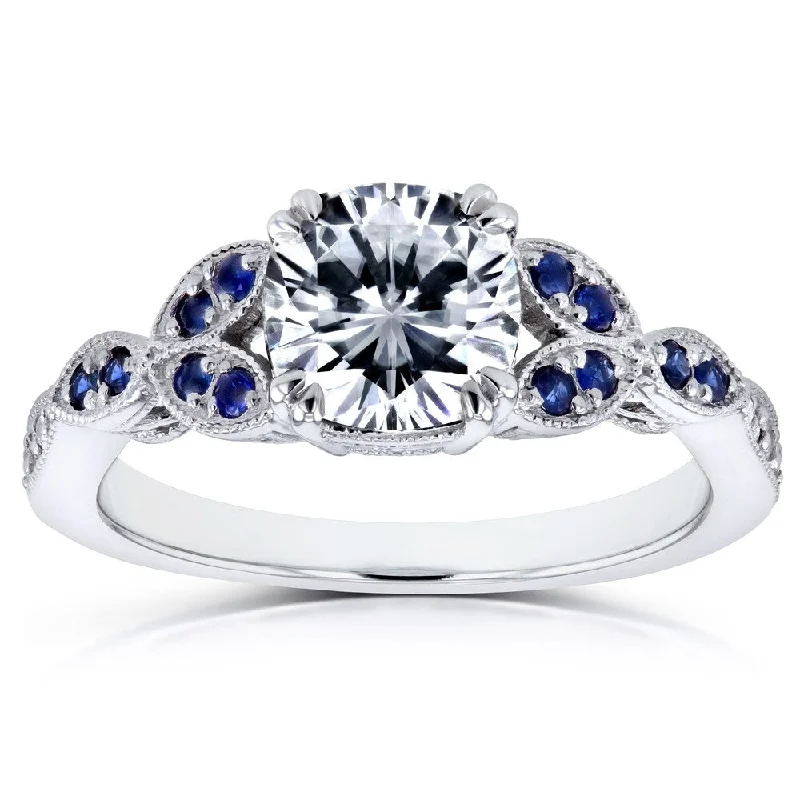 anniversary rings with diamonds -Annello by Kobelli 14k White Gold 1 1/3 Carats TGW Forever One Colorless Moissanite (DEF) with Diamond and Sapphire Accents Ring