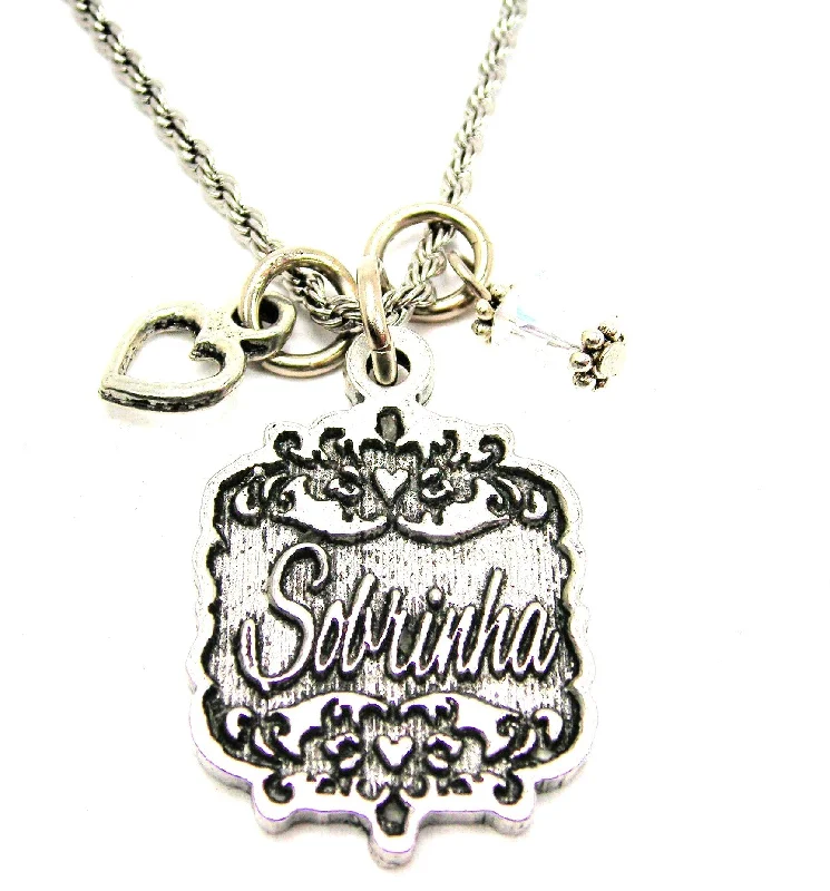 romantic necklaces for women -Sobrinha Victorian Scroll With With Open Heart And Crystal 20" Stainless Steel Rope Necklace