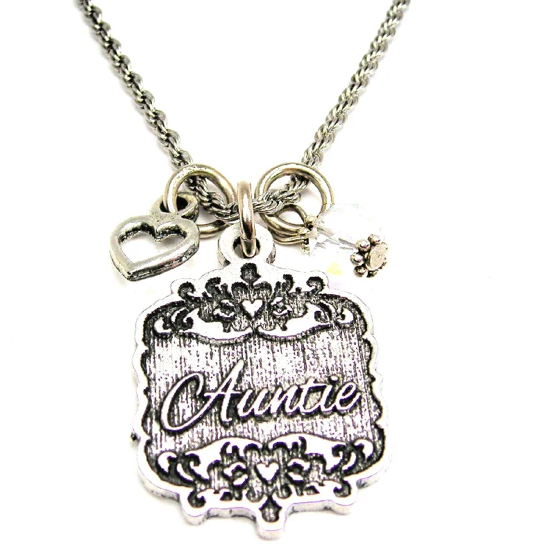 short necklaces for women -Auntie Victorian Scroll With Open Heart And Crystal 20" Stainless Steel Rope Necklace