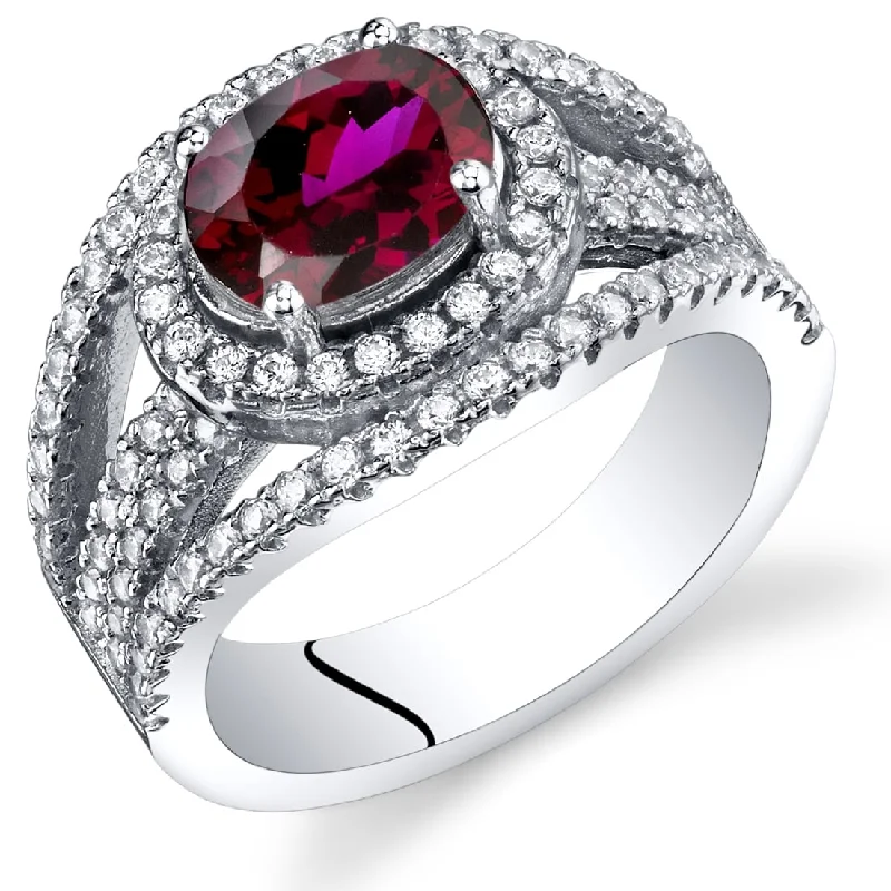 romantic rings for women -Sterling Silver 1.75 ct Created Ruby Halo Ring