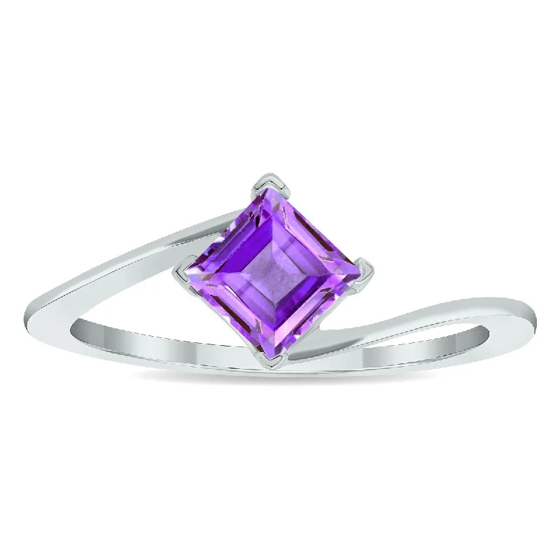 wedding bands with diamonds -Women's Solitaire Amethyst Wave Ring in 10K White Gold