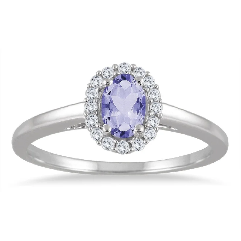 fashion engagement rings -6x4MM Oval Tanzanite and Diamond Halo Ring in 10K White Gold