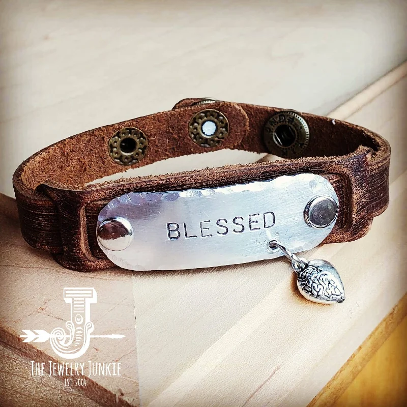 spiral bangles for women -Blessed Hand Stamped Leather Cuff