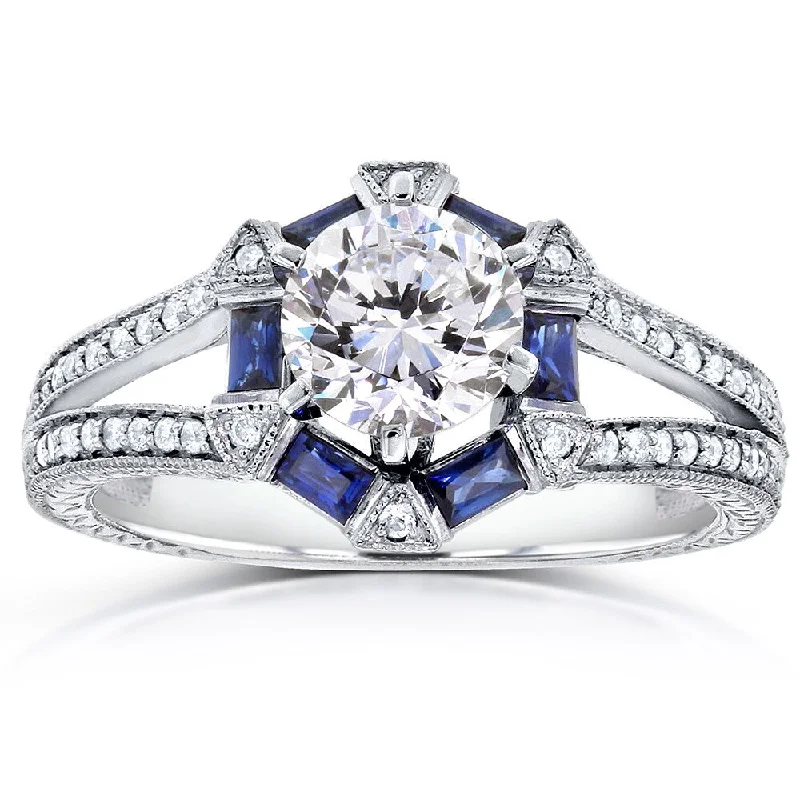 anniversary gemstone rings -Annello by Kobelli 14k White Gold 1 3/5ct TGW Forever One DEF Moissanite, Baguette Sapphire. and Diamond Art Deco Ring