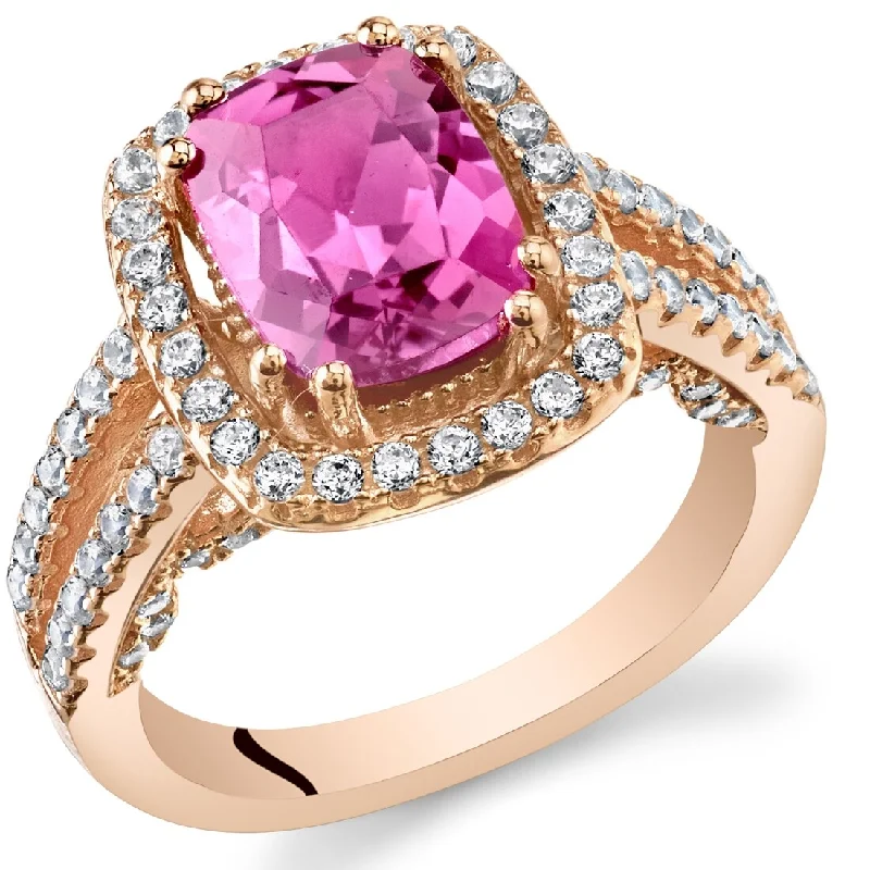 romantic rings for women -Rose Tone Sterling Silver 2.75 ct Created Pink Sapphire Halo Ring