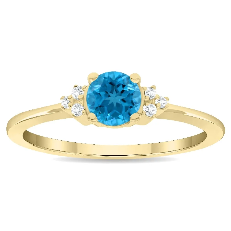 promise rings for women -Women's Round Shaped Blue Topaz and Diamond Half Moon Ring in 10K Yellow Gold