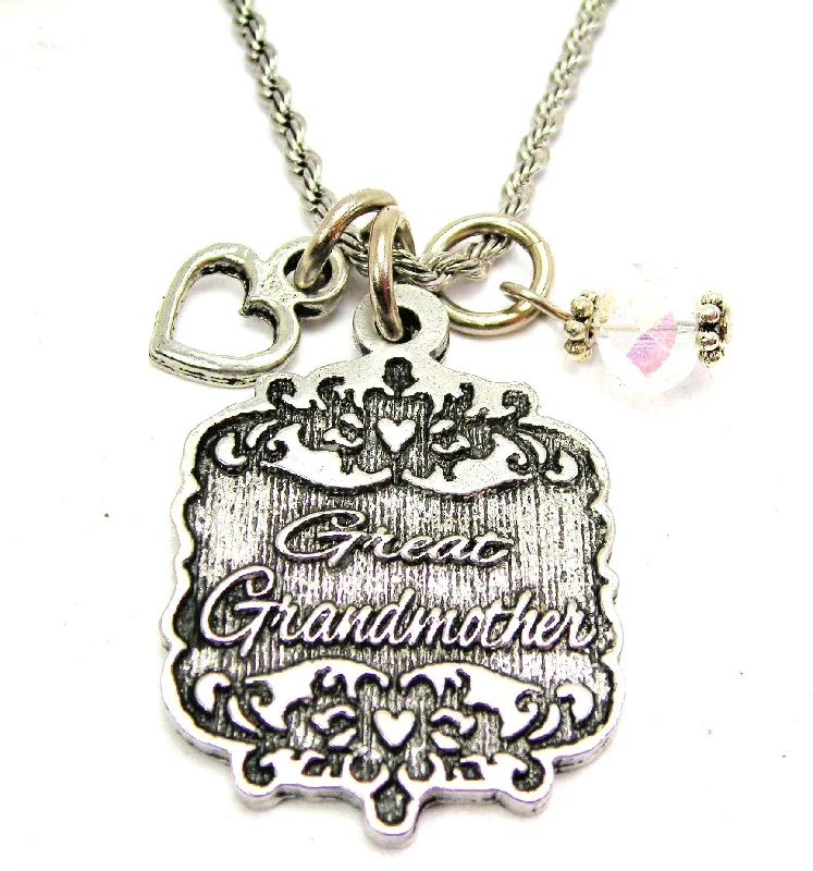 engraved necklaces for women -Great Grandmother Victorian Scroll With Open Heart And Crystal 20" Stainless Steel Rope Necklace