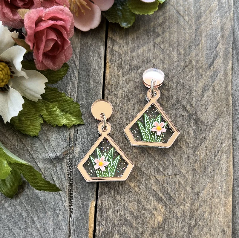 women's silver earrings -Aloe Terrarium Earrings Rose Gold