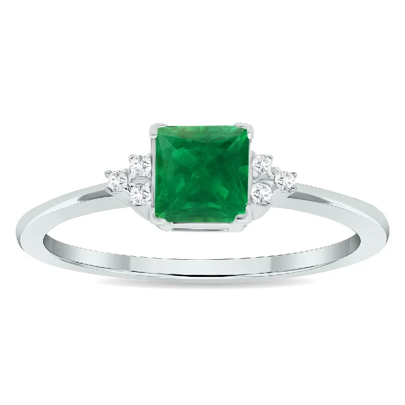 promise rings with birthstones -Women's Princess Cut Emerald and Diamond Half Moon Ring in 10K White Gold