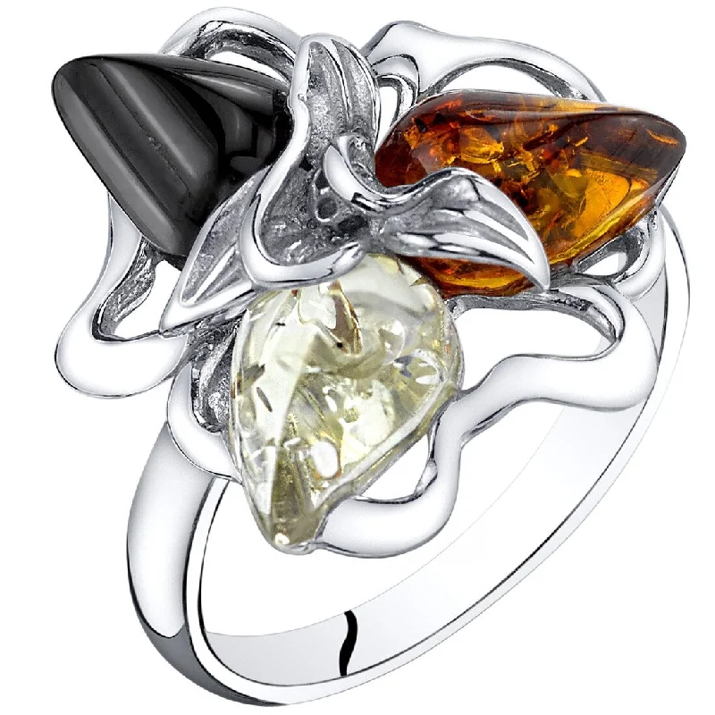 personalized wedding rings -Sterling Silver Baltic Amber Leaf Design Ring