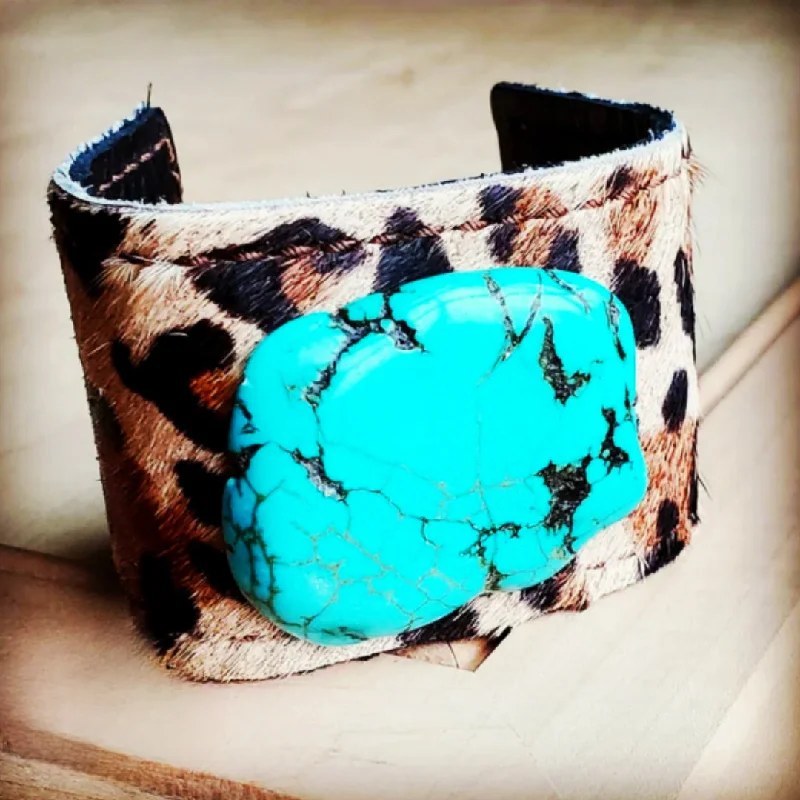 modern bangles for women -Leather Cuff in Leopard & Turquoise