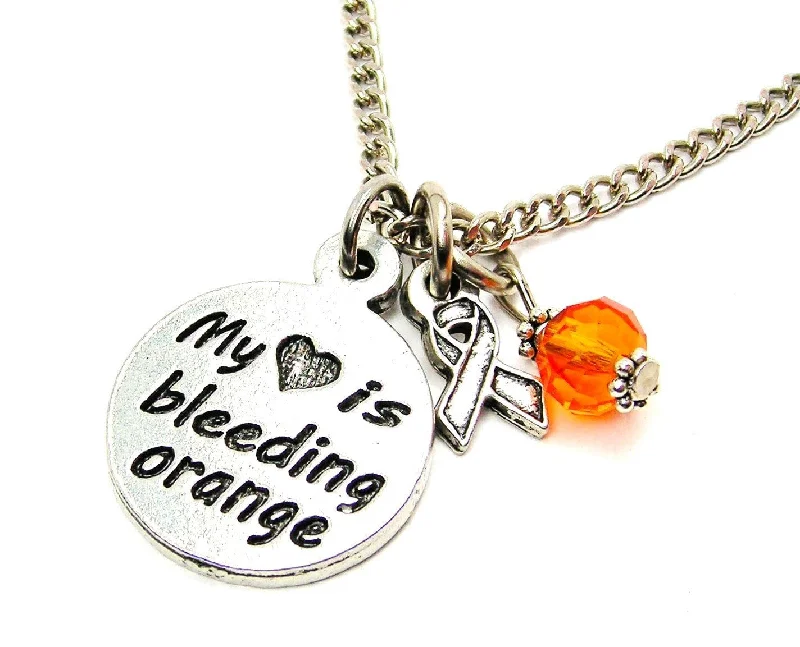 minimalist gold necklaces for women -My Heart is Bleeding Orange with Awareness Ribbon Necklace